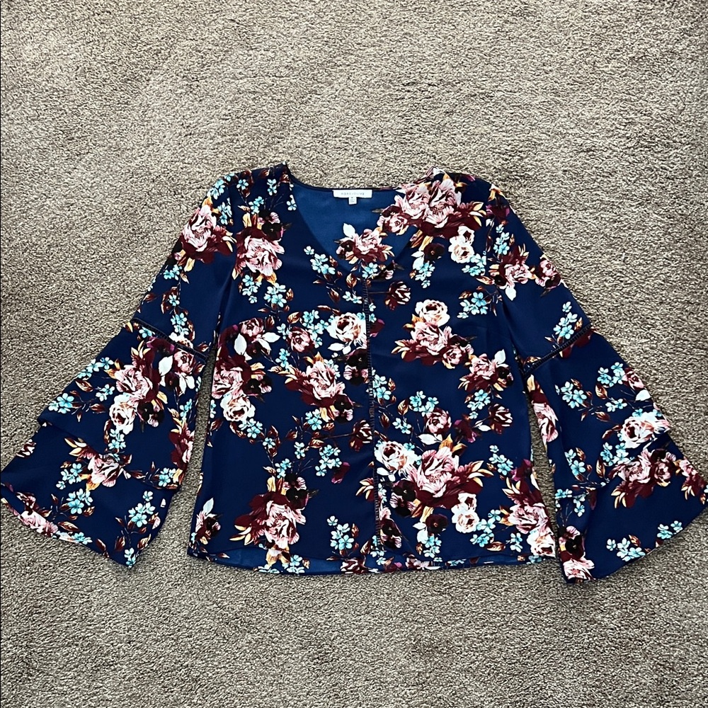 Rose & Olive Floral Bell Sleeve Blouse - Navy and Pink